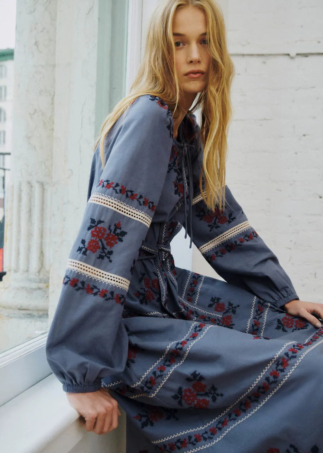 Blue with Contrasting Brick Embroidery