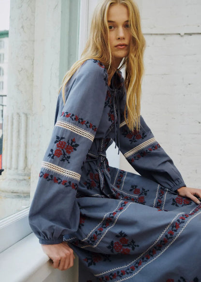 Blue with Contrasting Brick Embroidery