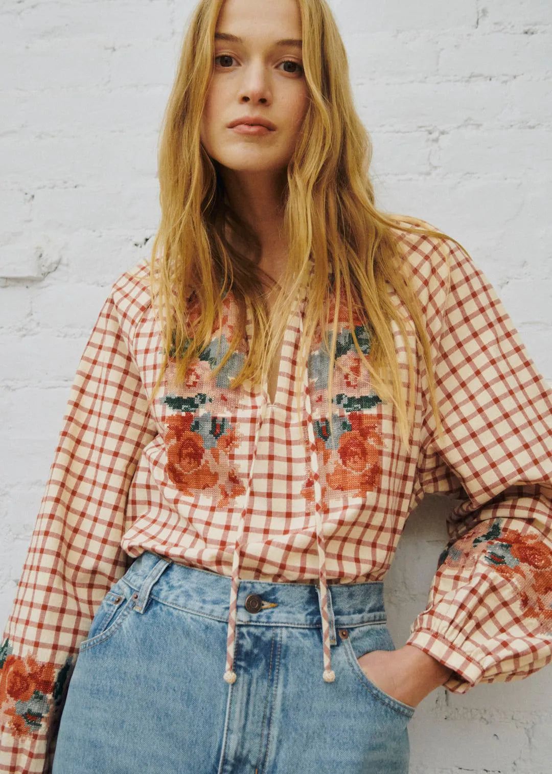 Checked Print with Floral Embroidery