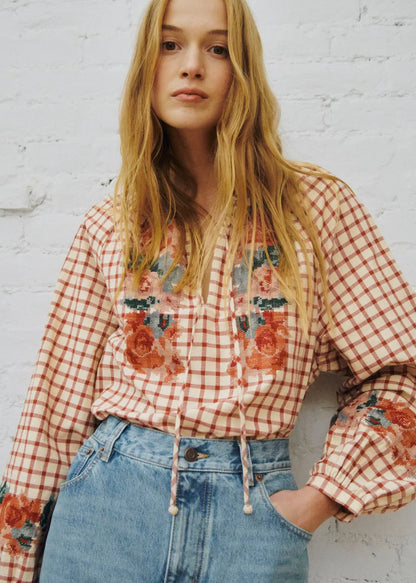 Checked Print with Floral Embroidery