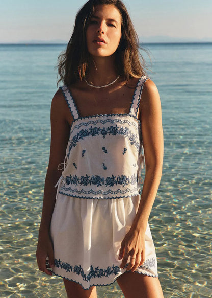 Ecru with Contrasting Blue Embroidery