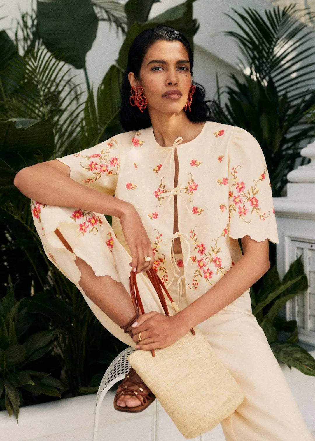 Cream with Pink Floral Embroidery