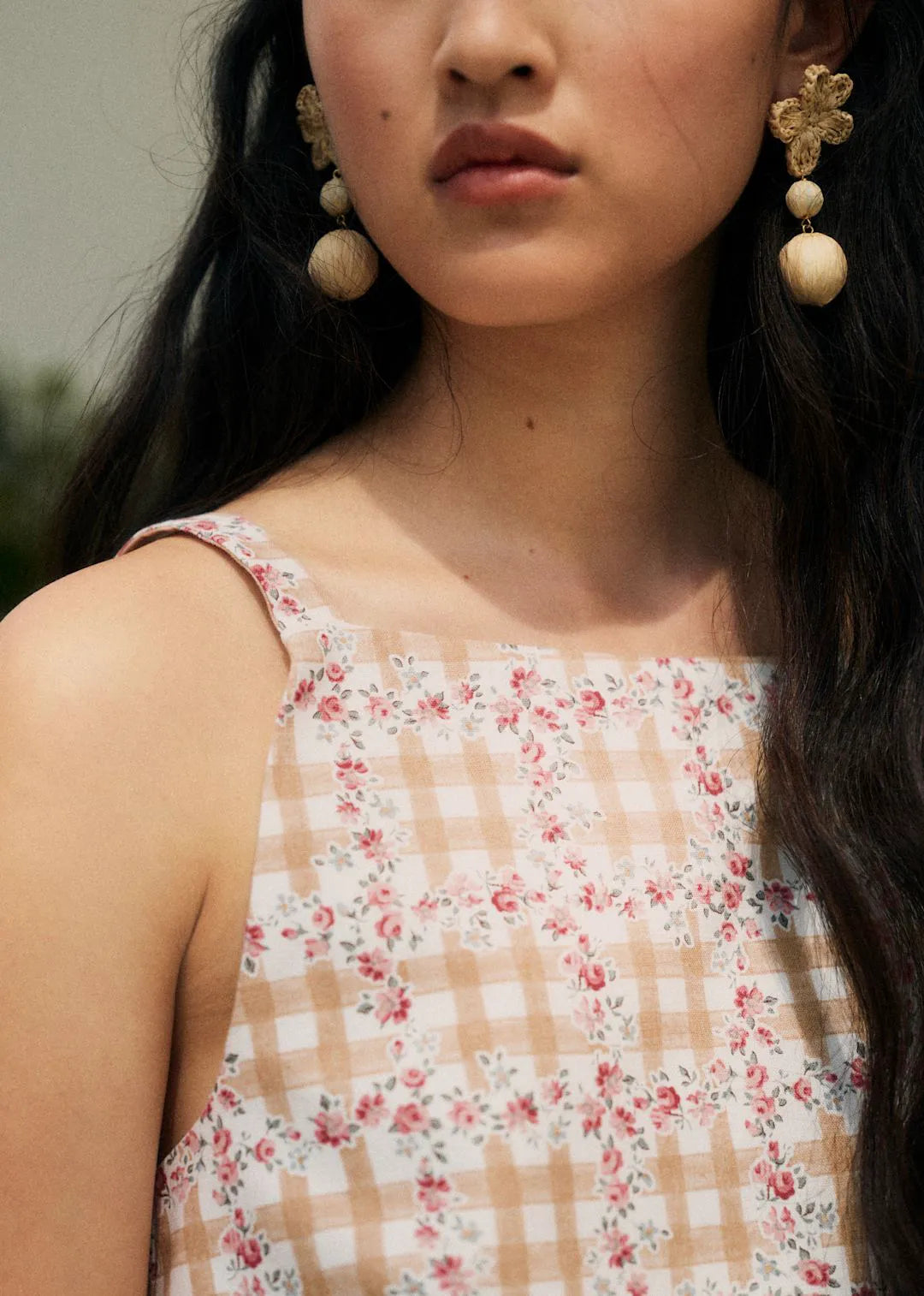 Beige Gingham and Floral Print