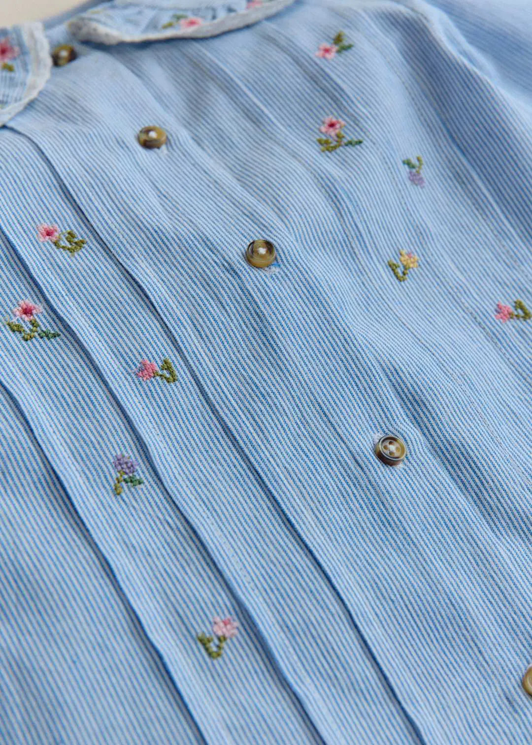 Blue Stripe Voile & Meadow Embroidery