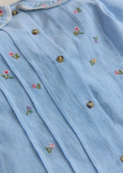 Blue Stripe Voile & Meadow Embroidery