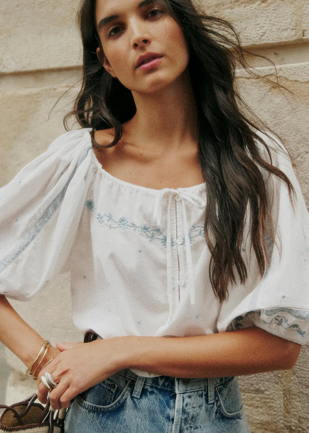 Ecru with Blue Embroidery