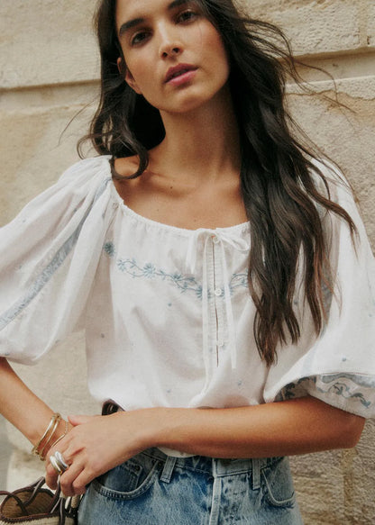 Ecru with Blue Embroidery