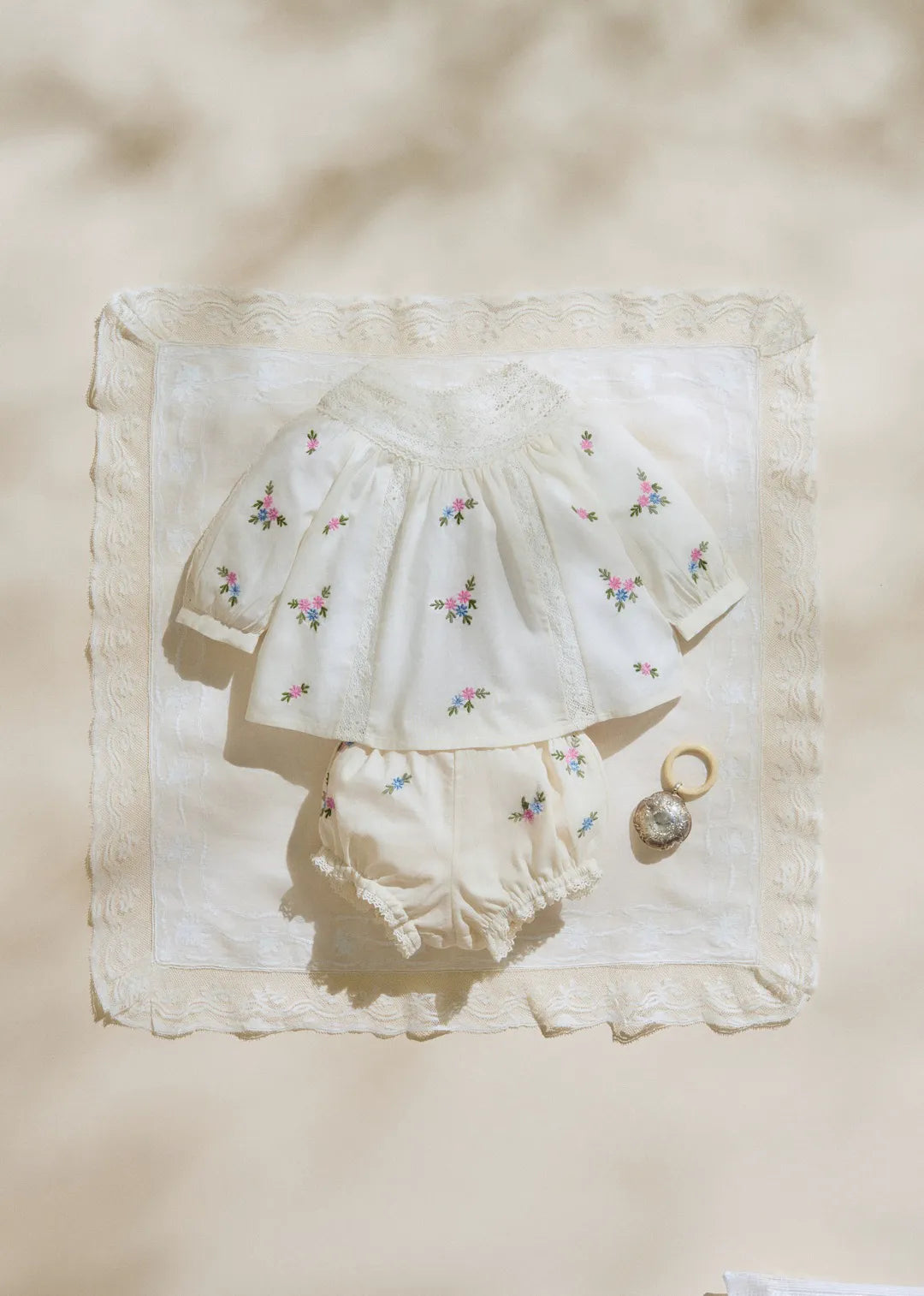Placed Multicolored Flowers Embroidery On Cream