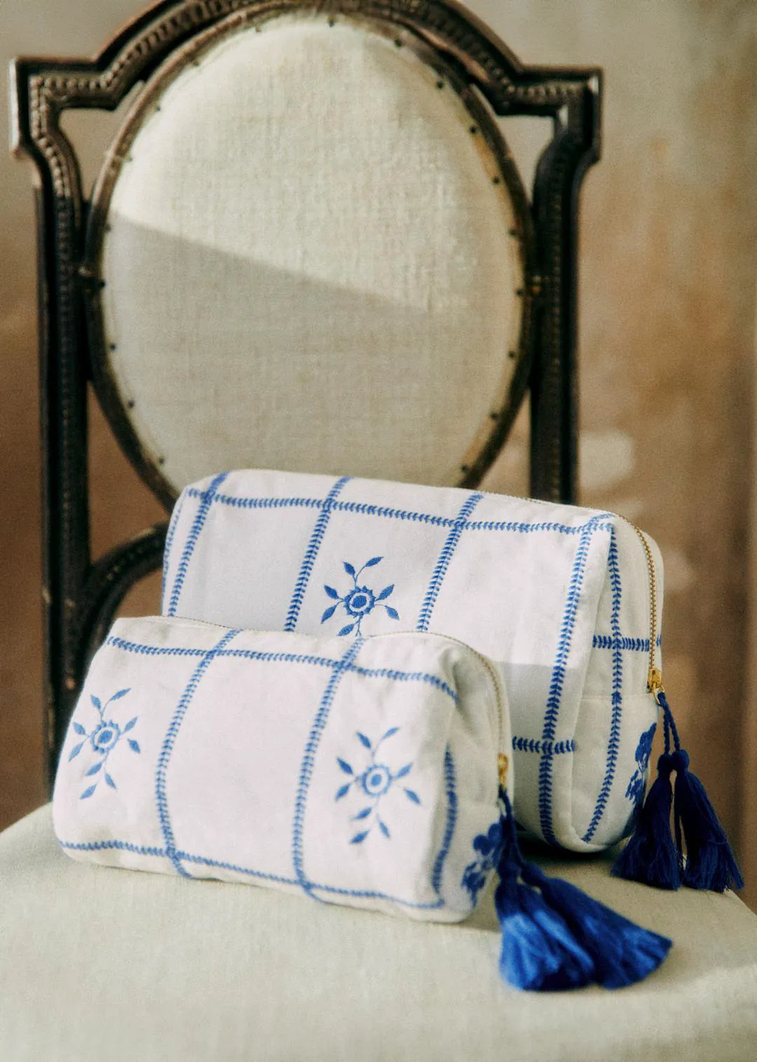 Ecru with Blue Embroidery