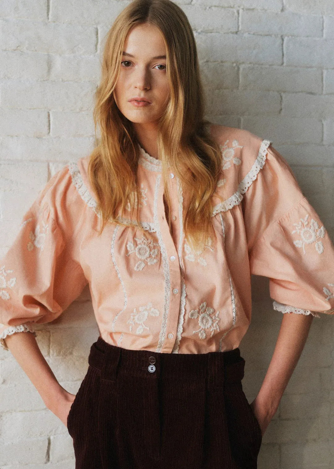 Pastel Pink with Ecru Embroidery