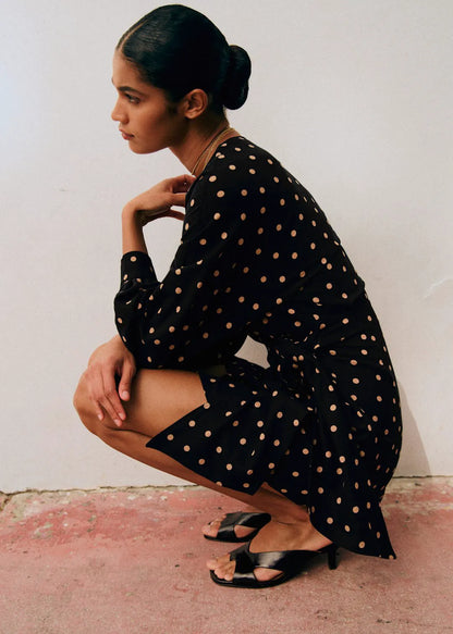 Beige Polka Dots Black Background Print