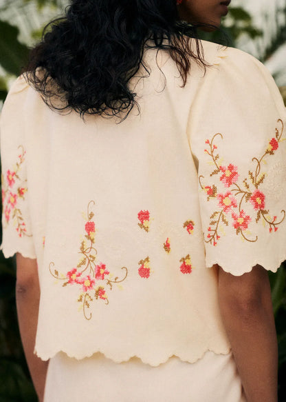 Cream with Pink Floral Embroidery