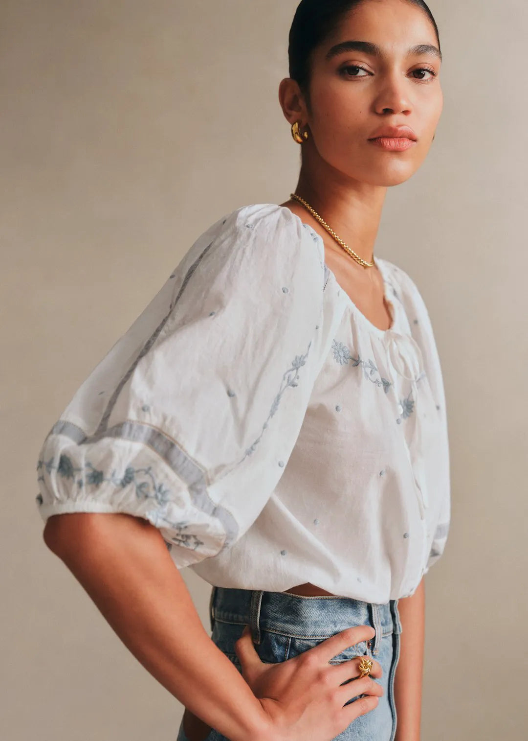 Ecru with Blue Embroidery