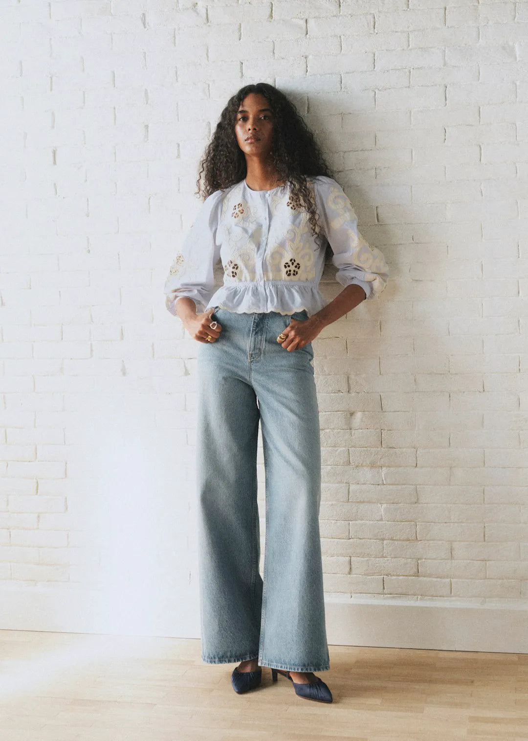 Sky Blue with Ecru Embroidery