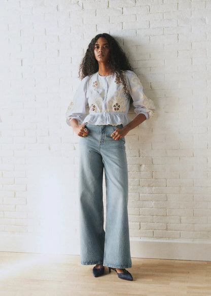 Sky Blue with Ecru Embroidery