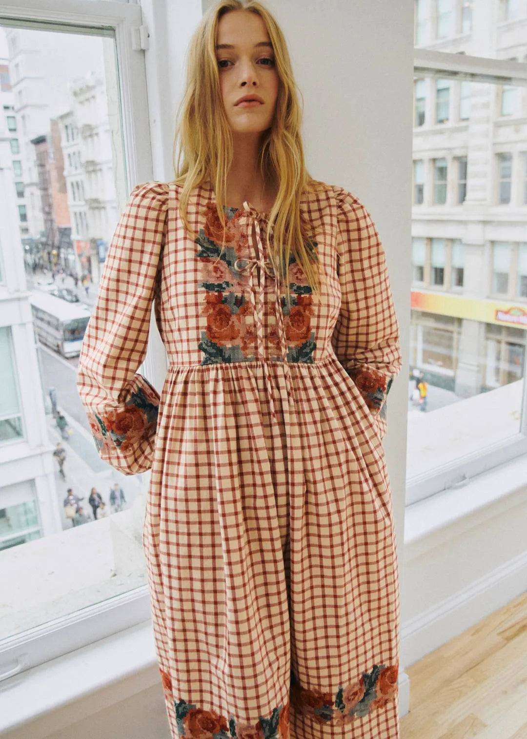 Checked Print with Floral Embroidery