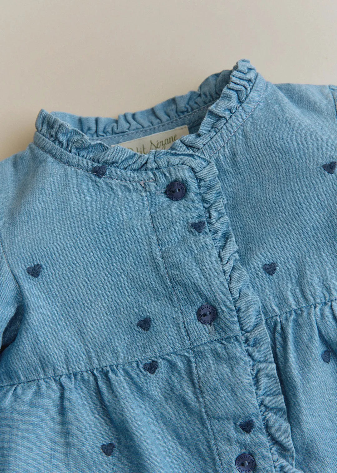 Chambray with embroidered navy hearts