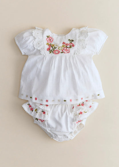 Ecru with Contrasting Tricolor Embroidery