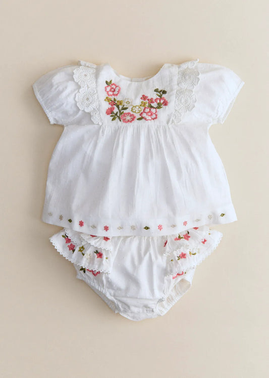 Ecru with Contrasting Tricolor Embroidery