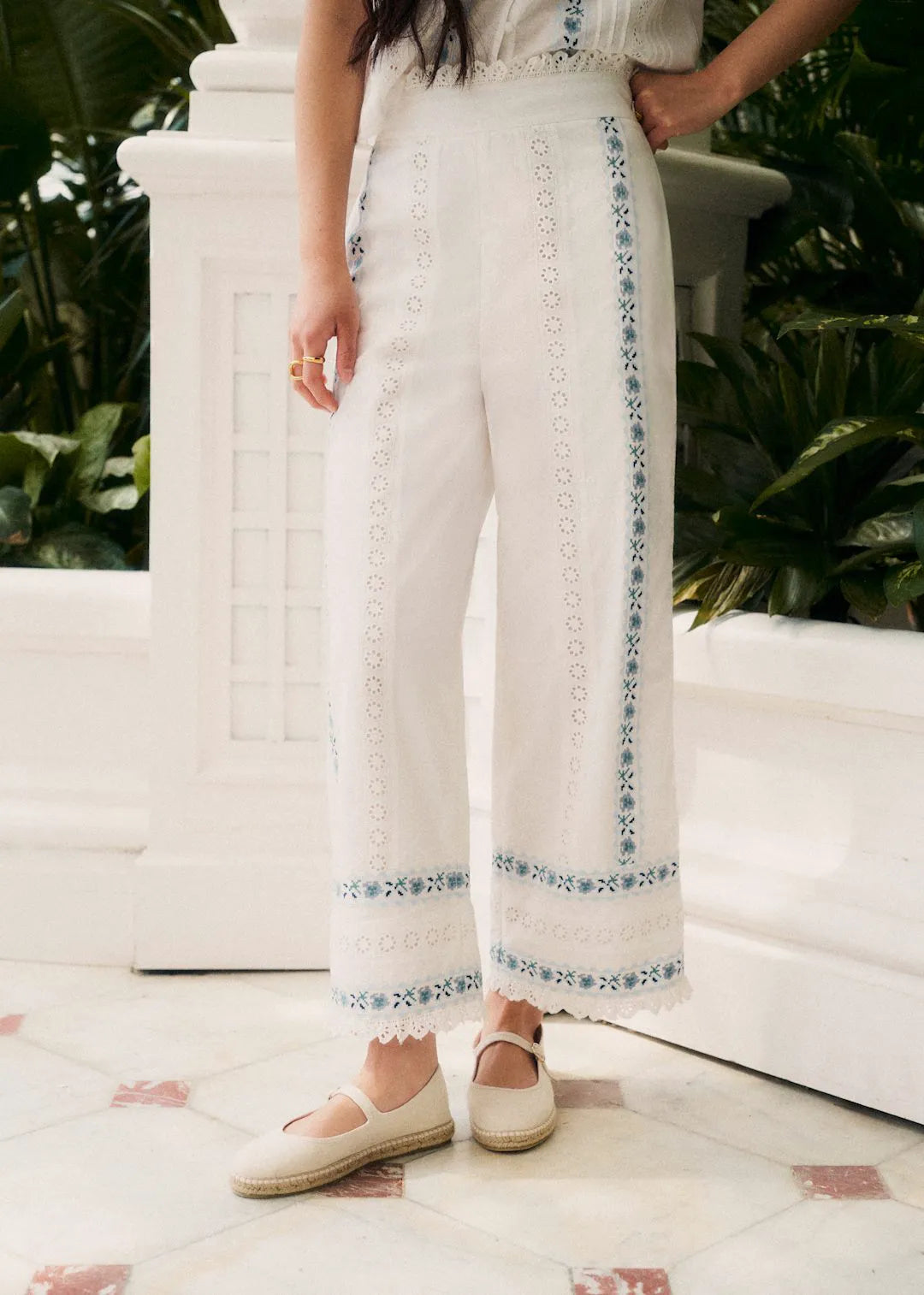 White with Blue Floral Embroidery