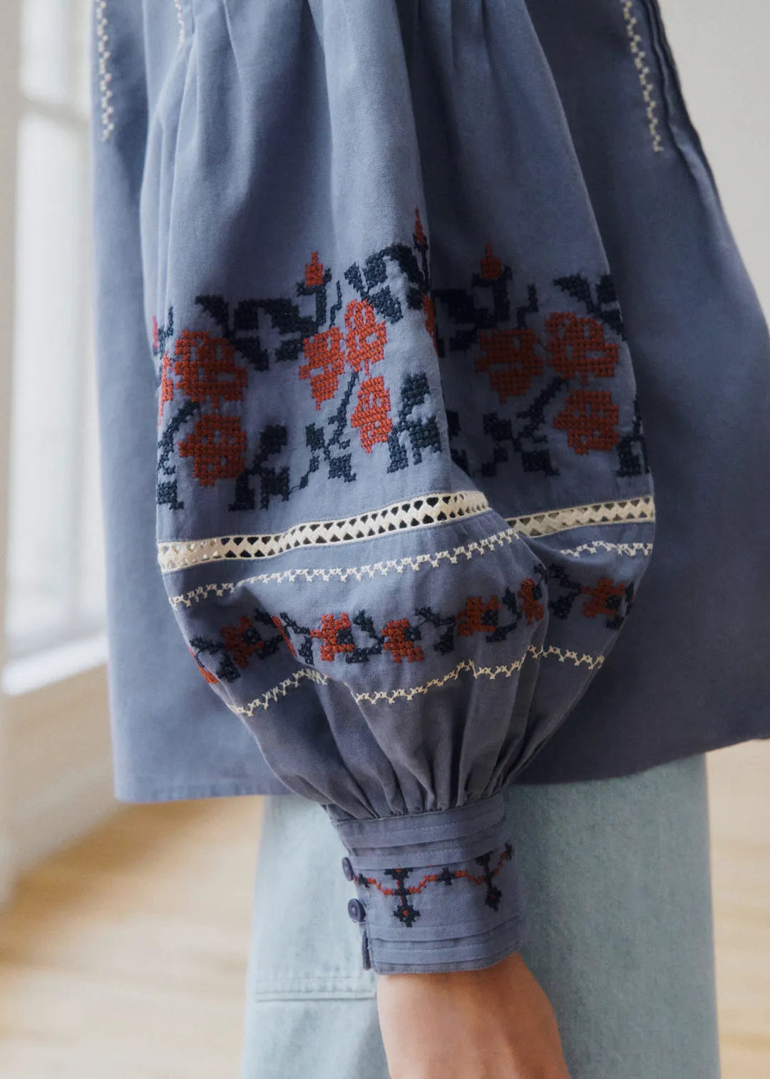 Blue with Contrasting Brick Embroidery