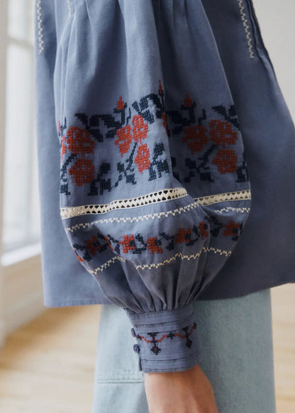 Blue with Contrasting Brick Embroidery