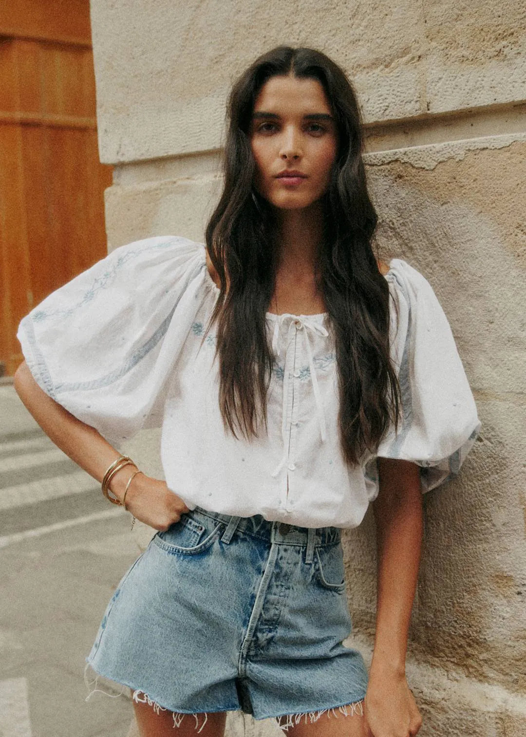 Ecru with Blue Embroidery