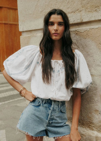 Ecru with Blue Embroidery