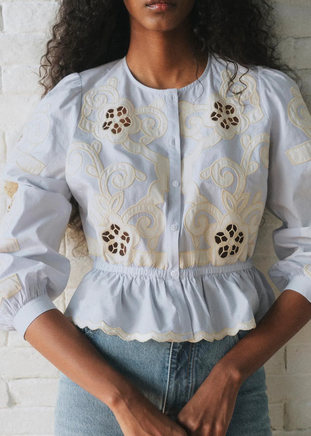 Sky Blue with Ecru Embroidery
