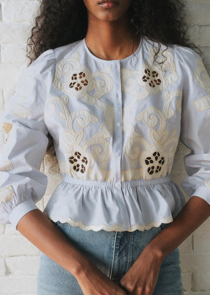 Sky Blue with Ecru Embroidery
