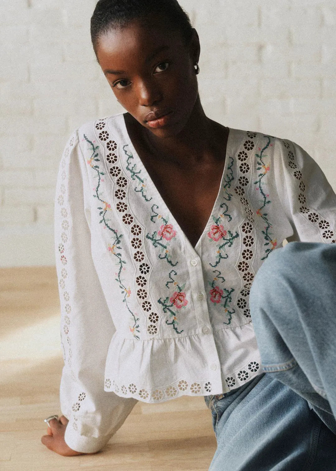 Ecru with Multicolored Embroidery