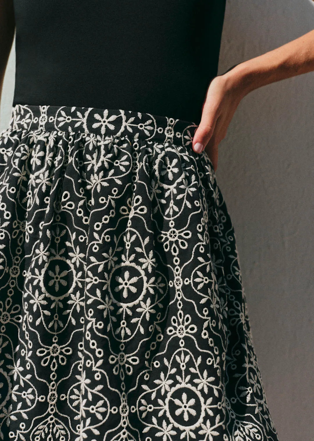 Contrast Embroidery Black Ecru