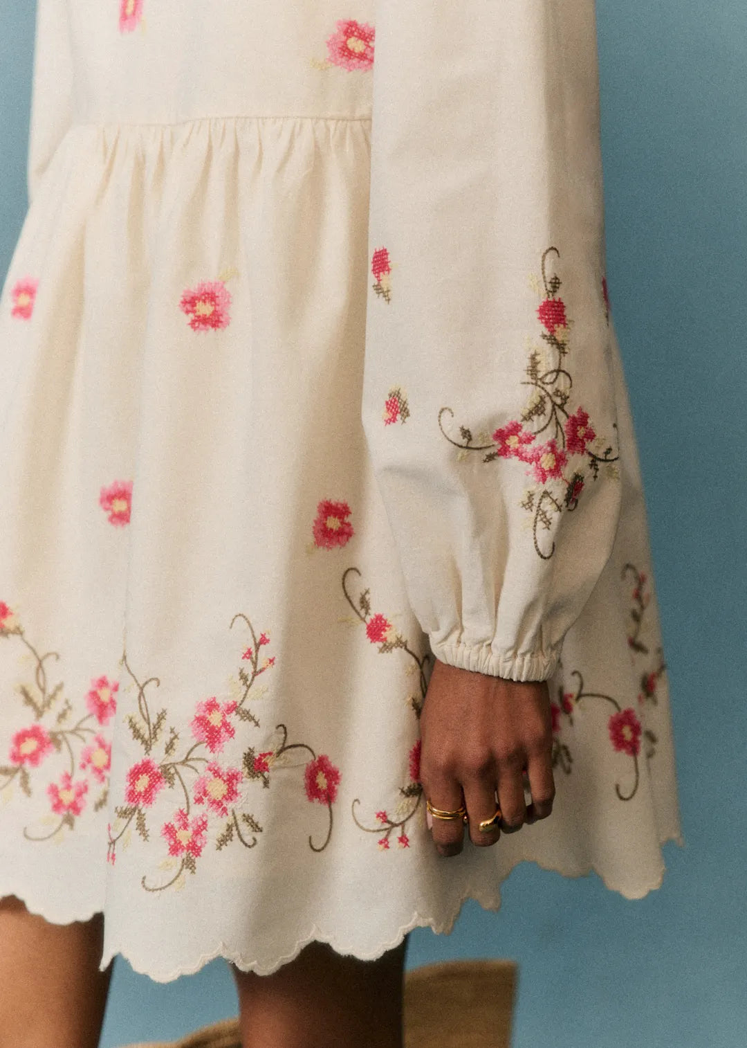Cream with Pink Floral Embroidery