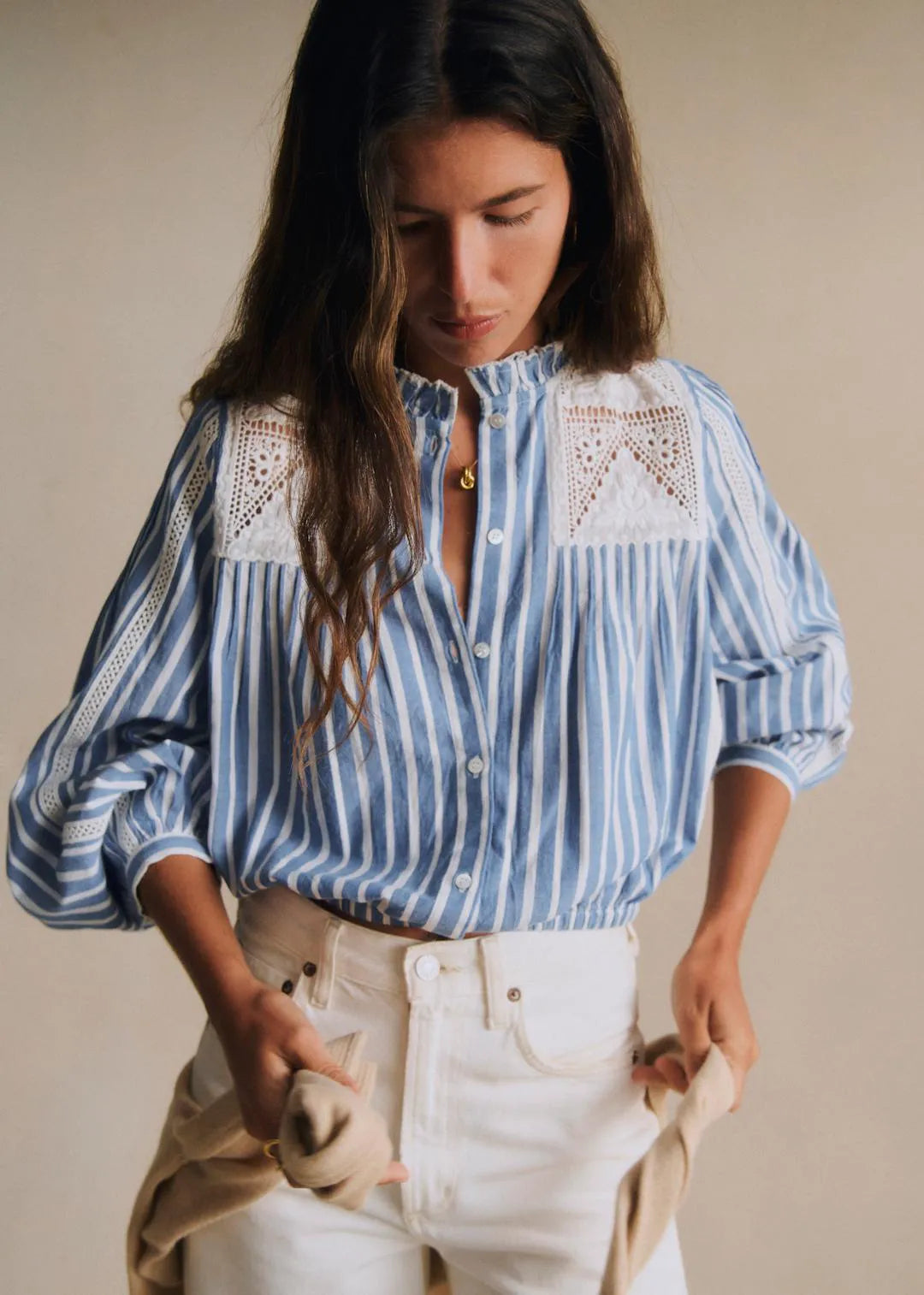 Blue and White Stripes with Embroidery
