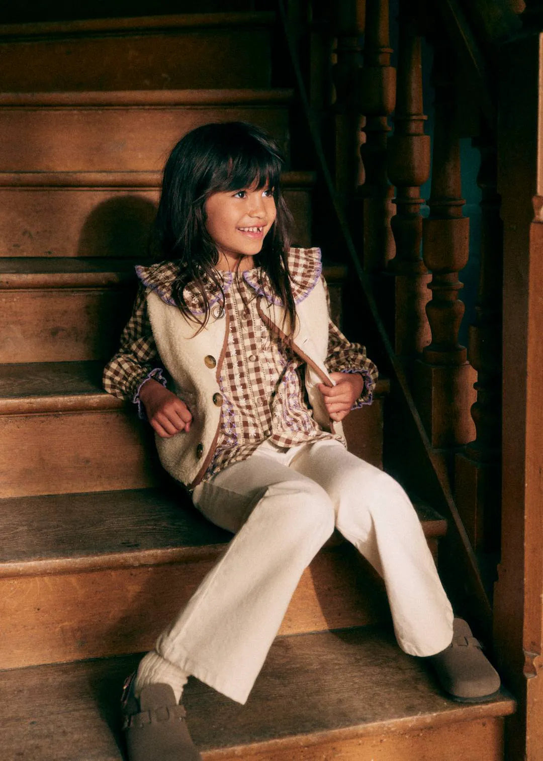 Lila Brown Gingham Embroidery