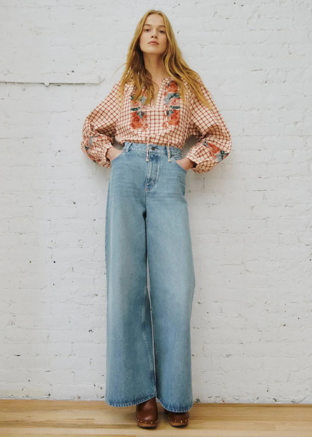 Checked Print with Floral Embroidery