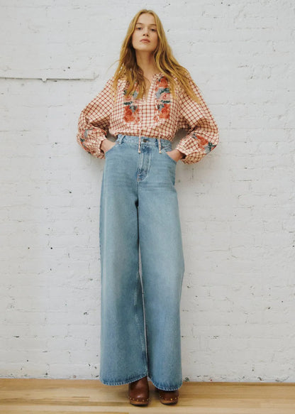 Checked Print with Floral Embroidery