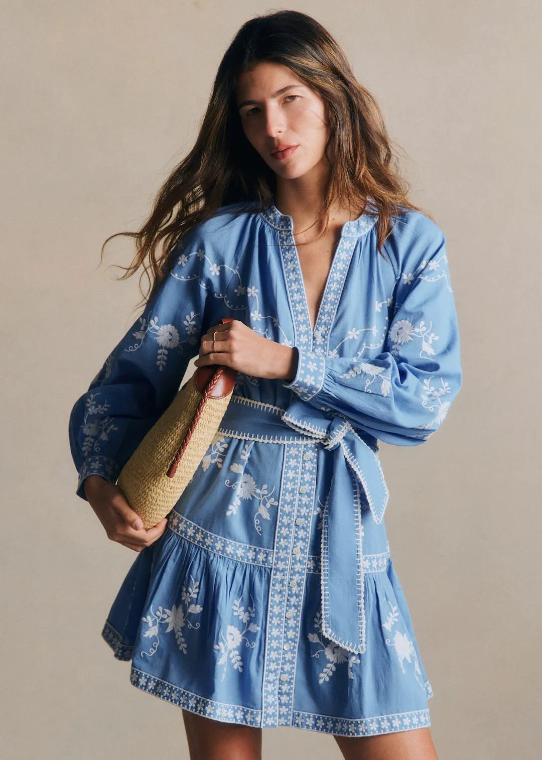 Vintage Blue with Contrasting Ecru Embroidery