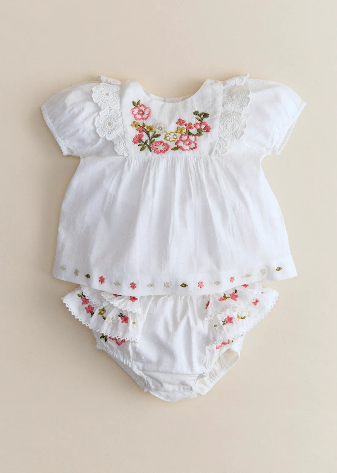 Ecru with Contrasting Tricolor Embroidery