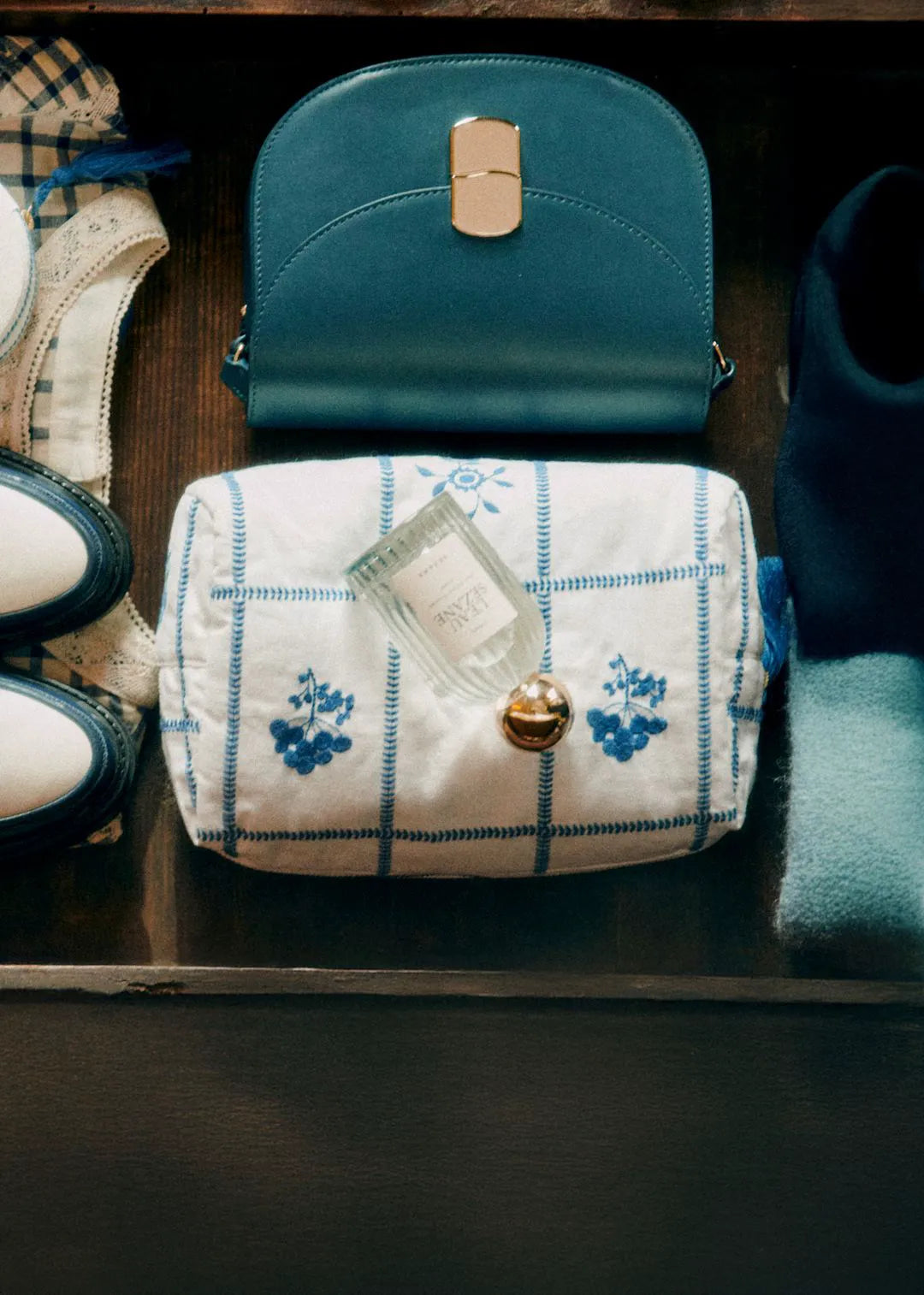 Ecru with Blue Embroidery