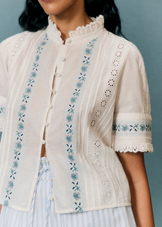 White with Blue Floral Embroidery