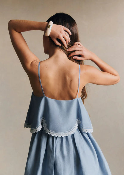 Blue with Ecru Contrasting Embroidery