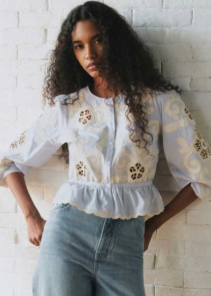 Sky Blue with Ecru Embroidery