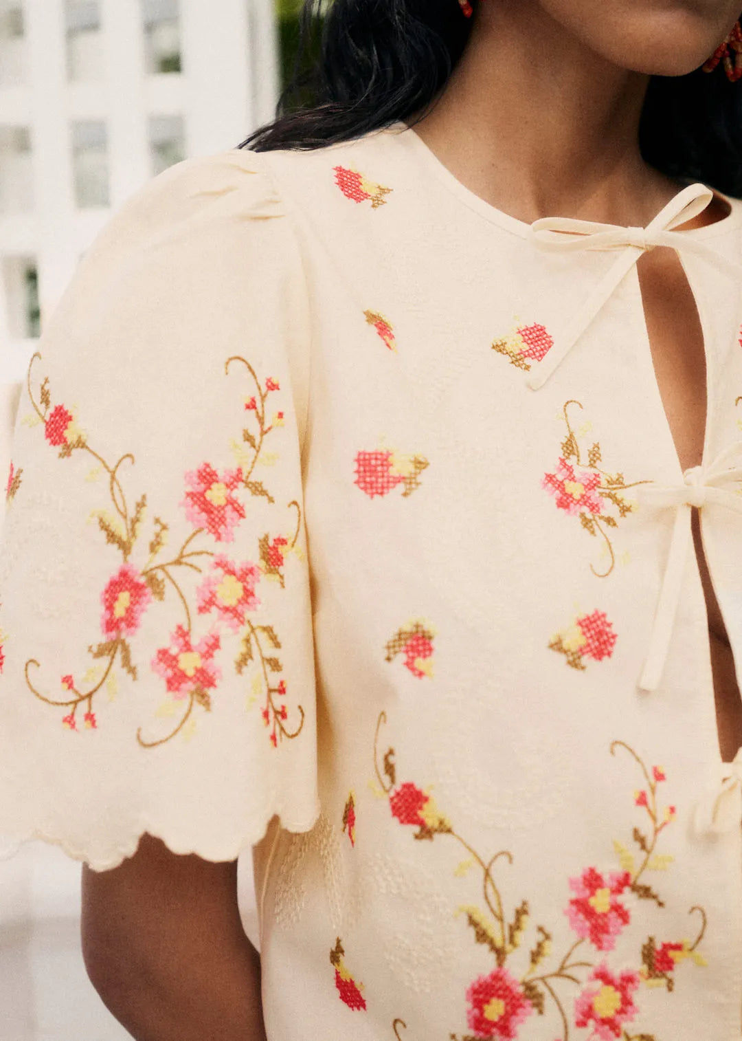 Cream with Pink Floral Embroidery