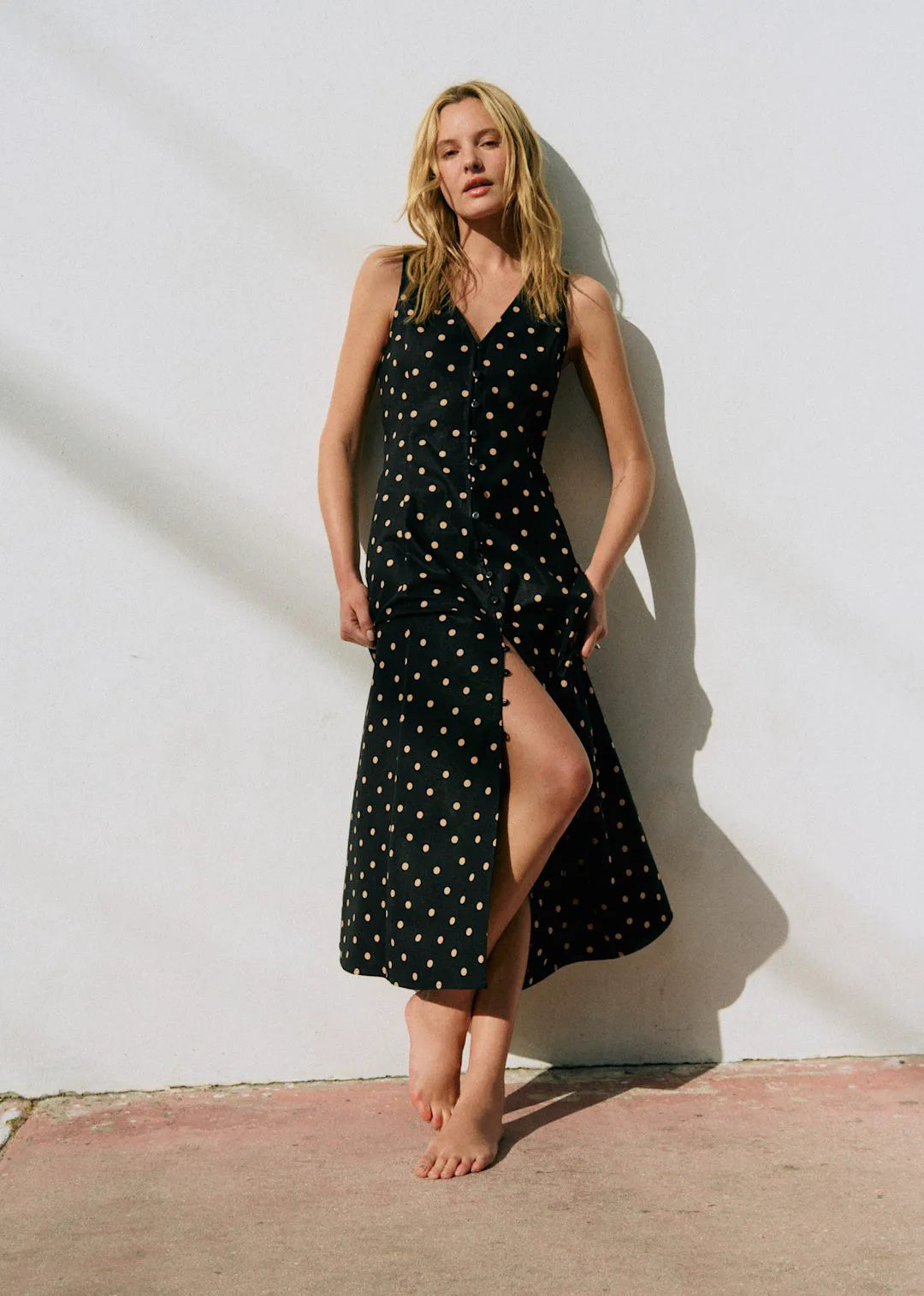 Beige Polka Dots Black Background Print