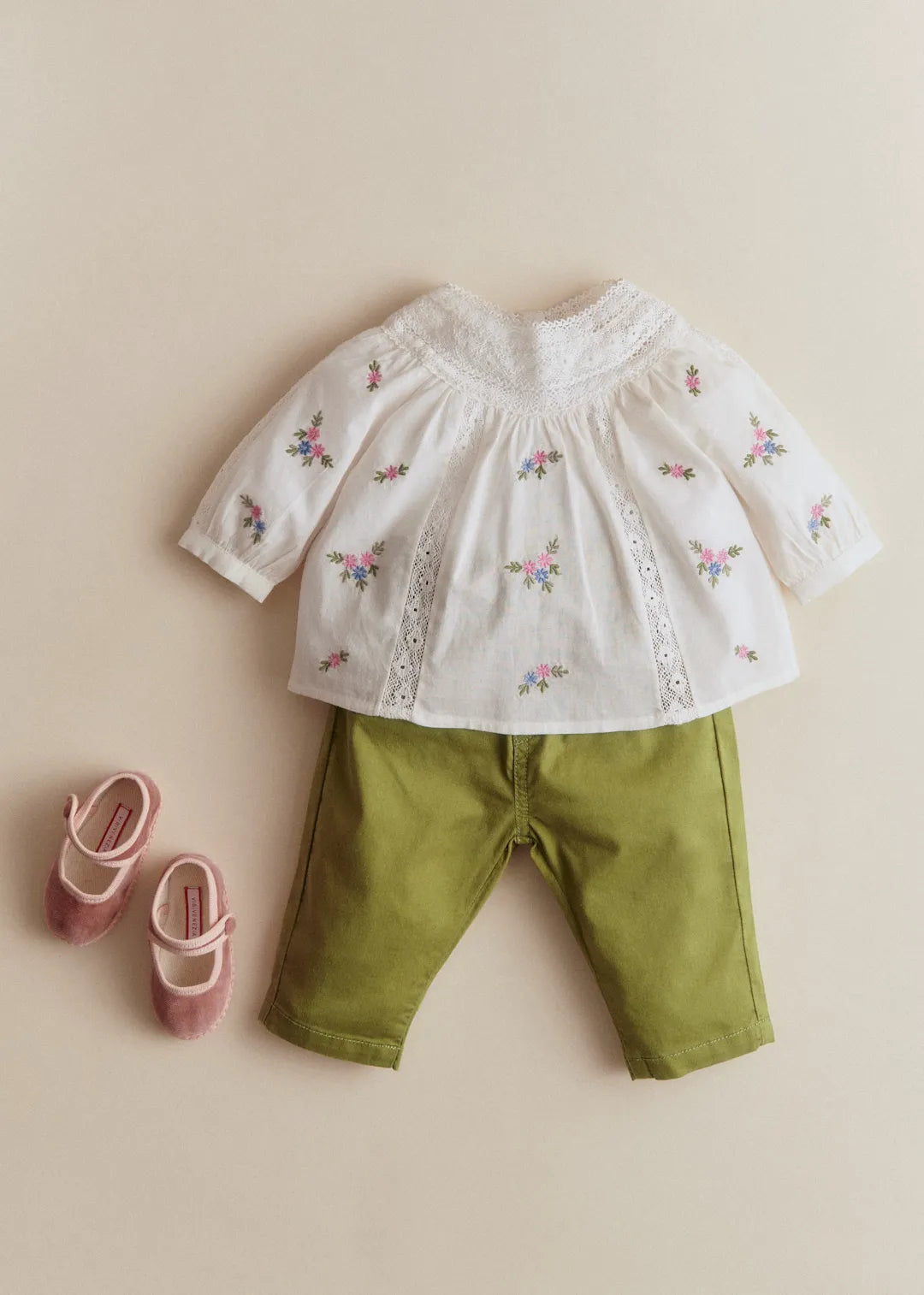 Placed Multicolored Flowers Embroidery On Cream