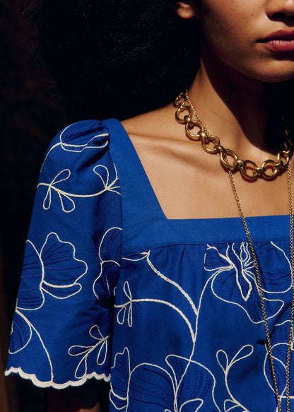 Azure Blue with Constrasting Ecru Embroidery