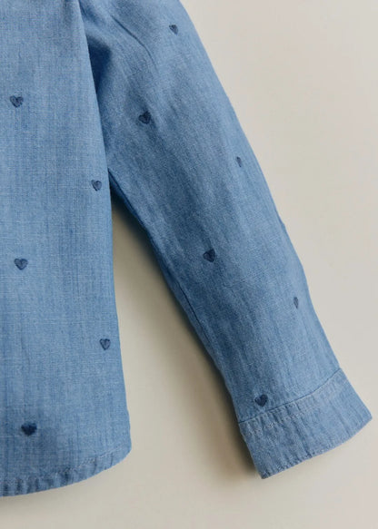 Chambray with embroidered navy hearts
