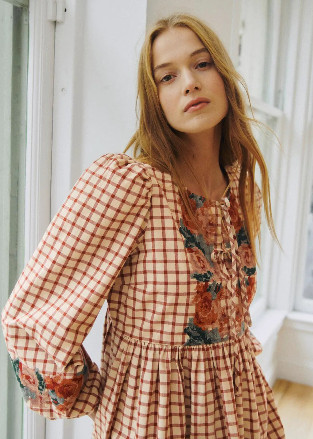 Checked Print with Floral Embroidery