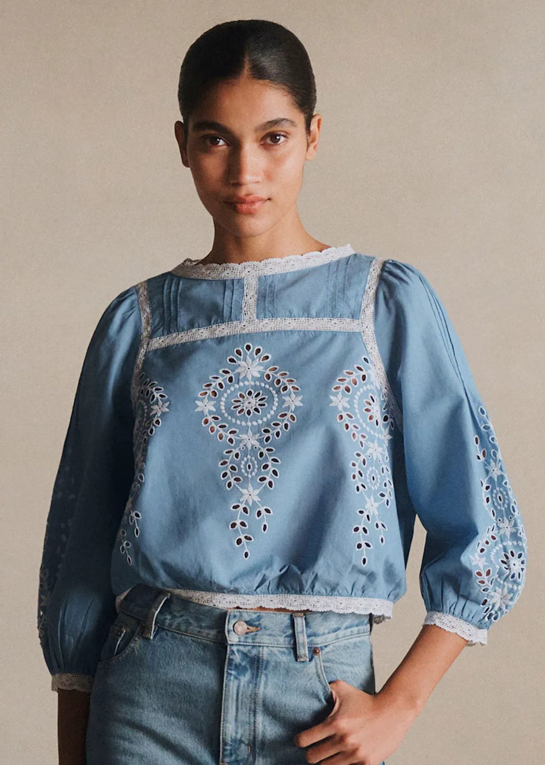 Ecru Contrasting Embroidery Chambray Background